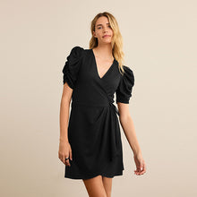 Load image into Gallery viewer, Black Short Sleeve V-Neck Wrap Mini Dress