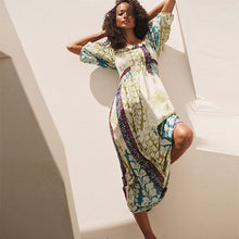 Load image into Gallery viewer, Lime Green Floral Placement Print Puff Sleeve Square Neck 100% Cotton Midi Dress