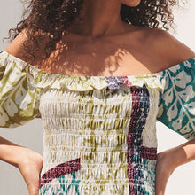 Load image into Gallery viewer, Lime Green Floral Placement Print Puff Sleeve Square Neck 100% Cotton Midi Dress