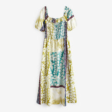 Load image into Gallery viewer, Lime Green Floral Placement Print Puff Sleeve Square Neck 100% Cotton Midi Dress