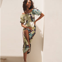 Load image into Gallery viewer, Lime Green Floral Placement Print Puff Sleeve Square Neck 100% Cotton Midi Dress