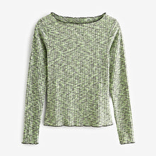 Load image into Gallery viewer, Green Spacedye Cosy Soft Touch Ribbed Lettuce Edge Hem Long Sleeve Top