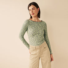 Load image into Gallery viewer, Green Spacedye Cosy Soft Touch Ribbed Lettuce Edge Hem Long Sleeve Top