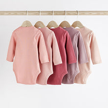 Load image into Gallery viewer, Pink 5 Pack 100% Cotton Essential Long Sleeve Baby Bodysuits