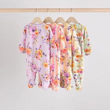 Load image into Gallery viewer, Yellow Floral Baby 100% Cotton Sleepsuits 4 Pack (0-18mths)