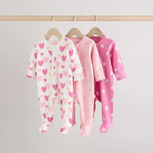 Load image into Gallery viewer, Pink 3 Pack Two Way Zip Baby Sleepsuits (0mths-2yrs)