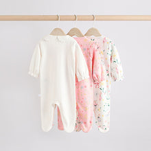 Load image into Gallery viewer, Pink Baby Frill Printed 100% Cotton Sleepsuits 3 Pack