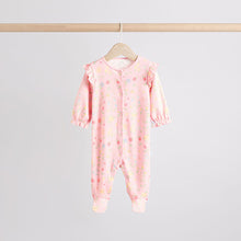 Load image into Gallery viewer, Pink Baby Frill Printed 100% Cotton Sleepsuits 3 Pack