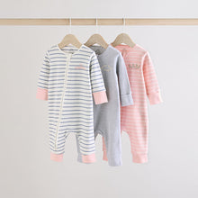 Load image into Gallery viewer, Pink/Grey 3 Pack Two Way Zip Baby Sleepsuits (0mths-18mth)