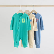 Load image into Gallery viewer, Blue 3 pack Baby Two Way Zip Footless Cotton Sleepsuits