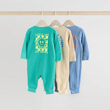 Load image into Gallery viewer, Blue 3 pack Baby Two Way Zip Footless Cotton Sleepsuits