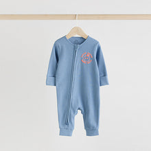 Load image into Gallery viewer, Blue 3 pack Baby Two Way Zip Footless Cotton Sleepsuits