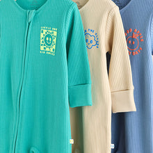 Load image into Gallery viewer, Blue 3 pack Baby Two Way Zip Footless Cotton Sleepsuits