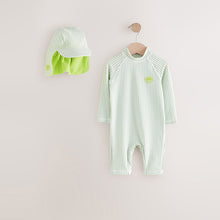 Load image into Gallery viewer, Green Stripe Sunsafe Swimsuit and Hat Set (3mths-5yrs)