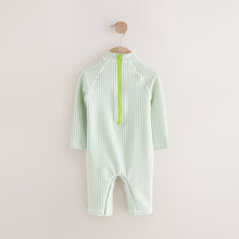 Load image into Gallery viewer, Green Stripe Sunsafe Swimsuit and Hat Set (3mths-5yrs)