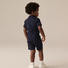 Load image into Gallery viewer, Navy Textured Short Sleeve Zip Neck Polo Shirt And Shorts Set