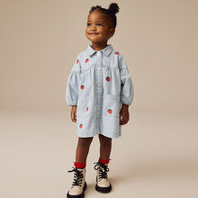 Load image into Gallery viewer, Blue Stripe Strawberry Embroidered Denim Shirt Dress (3mths-6yrs)