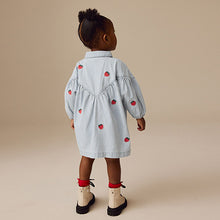 Load image into Gallery viewer, Blue Stripe Strawberry Embroidered Denim Shirt Dress (3mths-6yrs)