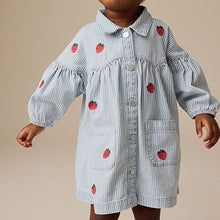Load image into Gallery viewer, Blue Stripe Strawberry Embroidered Denim Shirt Dress (3mths-6yrs)
