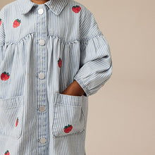 Load image into Gallery viewer, Blue Stripe Strawberry Embroidered Denim Shirt Dress (3mths-6yrs)