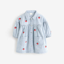 Load image into Gallery viewer, Blue Stripe Strawberry Embroidered Denim Shirt Dress (3mths-6yrs)
