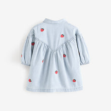 Load image into Gallery viewer, Blue Stripe Strawberry Embroidered Denim Shirt Dress (3mths-6yrs)