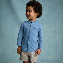Load image into Gallery viewer, Blue Denim 100% Cotton Long Sleeve Grandad Collar Denim Shirt