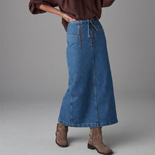 Load image into Gallery viewer, Mid Blue 100% Cotton Belted Pocket Stitch Midi Skirt