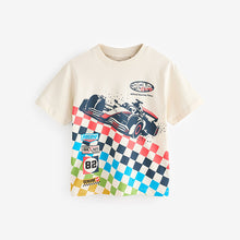 Load image into Gallery viewer, Blue/Ecru Racing Car Relaxed Fit Graphic Print Short Sleeve