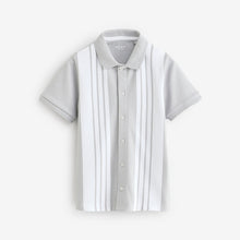 Load image into Gallery viewer, Grey/White 100% Cotton Stripe Button Through Short Sleeve Polo