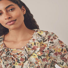 Load image into Gallery viewer, Floral Print Sheer Ruffle Trim Tie Neck Blouse