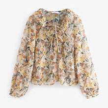 Load image into Gallery viewer, Floral Print Sheer Ruffle Trim Tie Neck Blouse