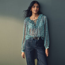 Load image into Gallery viewer, Teal Blue Print Sheer Ruffle Trim Tie Neck Blouse