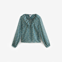 Load image into Gallery viewer, Teal Blue Print Sheer Ruffle Trim Tie Neck Blouse