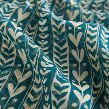 Load image into Gallery viewer, Teal Blue Print Sheer Ruffle Trim Tie Neck Blouse