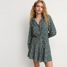 Load image into Gallery viewer, Blue/Cream Heart Print Boho Tie Waist Long Sleeve Mini Shirt Dress