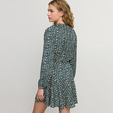 Load image into Gallery viewer, Blue/Cream Heart Print Boho Tie Waist Long Sleeve Mini Shirt Dress