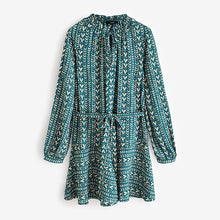 Load image into Gallery viewer, Blue/Cream Heart Print Boho Tie Waist Long Sleeve Mini Shirt Dress