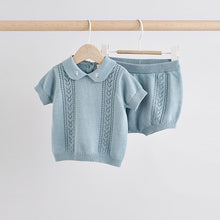 Load image into Gallery viewer, Blue Knitted Top and Short Baby Set (0mths-18mth)