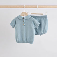 Load image into Gallery viewer, Blue Knitted Top and Short Baby Set (0mths-18mth)