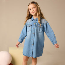 Load image into Gallery viewer, Blue Embroidered Denim Shirt Dress (3-12yrs)