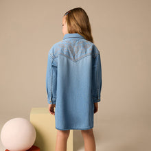 Load image into Gallery viewer, Blue Embroidered Denim Shirt Dress (3-12yrs)
