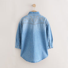Load image into Gallery viewer, Blue Embroidered Denim Shirt Dress (3-12yrs)