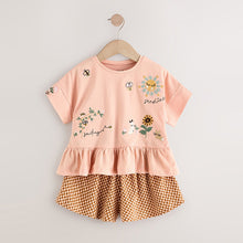 Load image into Gallery viewer, Coral Pink Flower Embroidery 100% Cotton Short Sleeve Peplum T-Shirt and Shorts Set (3mths-6yrs)