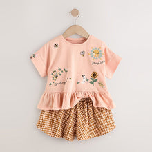 Load image into Gallery viewer, Coral Pink Flower Embroidery 100% Cotton Short Sleeve Peplum T-Shirt and Shorts Set (3mths-6yrs)