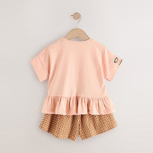 Load image into Gallery viewer, Coral Pink Flower Embroidery 100% Cotton Short Sleeve Peplum T-Shirt and Shorts Set (3mths-6yrs)