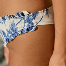 Load image into Gallery viewer, White/Blue Floral Print Frill High Leg Brazilian Bikini Bottoms