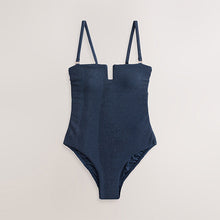 Load image into Gallery viewer, Navy Metallic Crinkle Bandeau Shaping Tummy Control Swimsuit