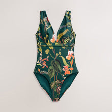Load image into Gallery viewer, Dark Green Floral Plunge Shaping Tummy Control Swimsuit