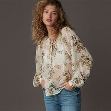 Load image into Gallery viewer, Ecru Natural Print Sheer Tie Neck Long Sleeve Blouse